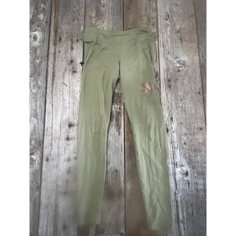 Puma Womens Olive Green Leggings Rose Gold Metallic Logo Size Medium Activewear